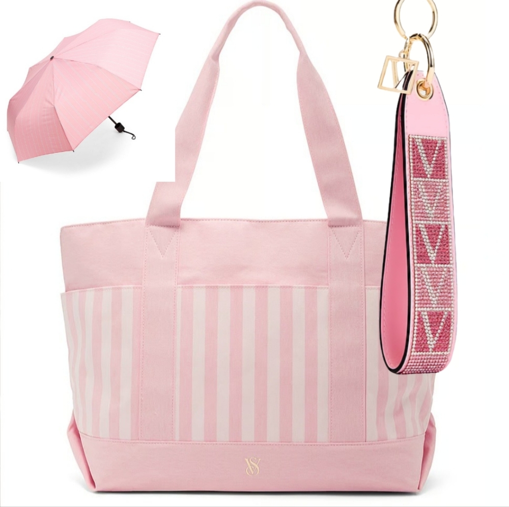 Victoria's Secret Signature Stripe Pink Pocket Tote, Umbrella And Strap …